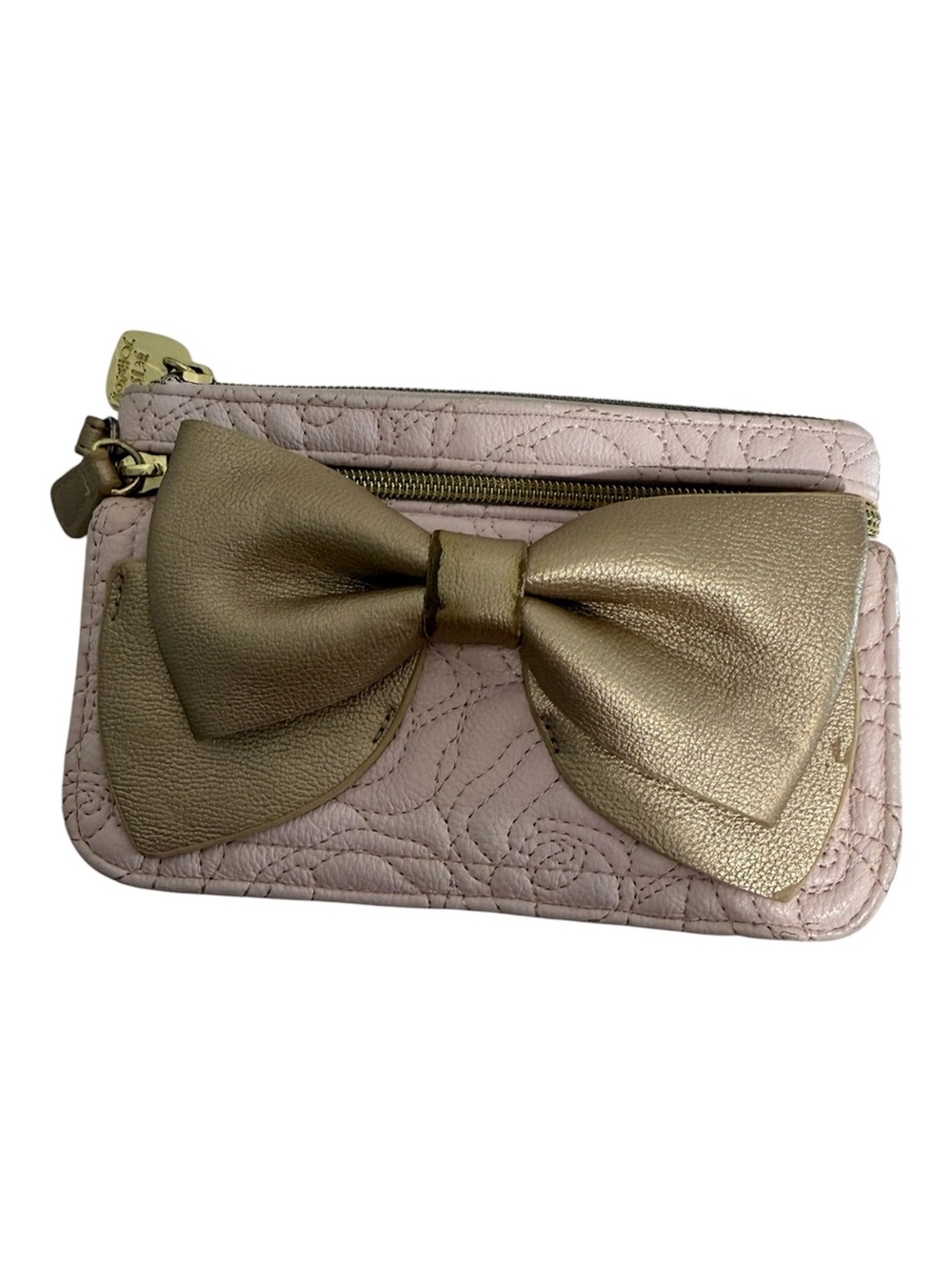 BETSEY JOHNSON Bow Accent Quilted Wallet Wristlet Pale Pink & Gold